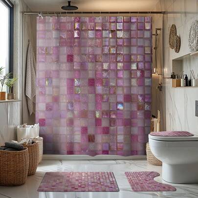 1/4 件套玻璃墙主题浴室浴帘套装、浴垫、U 型马桶垫、马桶盖、防水浴帘、时尚浴室装饰窗帘、现代风格、防锈、可机洗圣诞装饰