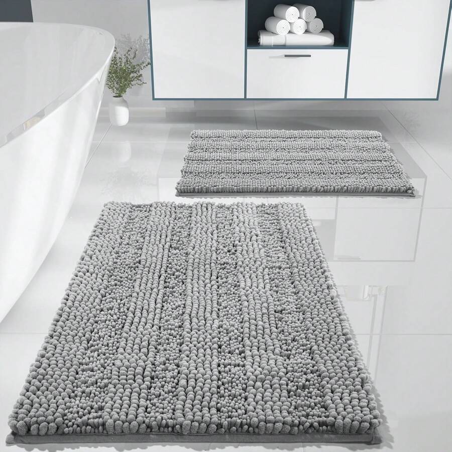 1pc Simple Soft & Skin-Friendly Chenille Bath Mat, Absorbent Non-Slip Bathroom Floor Mat, Also Suitable For Room Decor Carpet - Light Grey - View 1