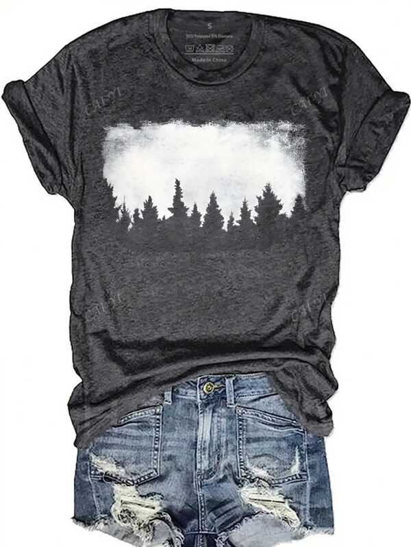 Maglietta a maniche corte con scollo tondo, di colore grigio scuro, con semplice stampa di albero, alla moda per l'estate