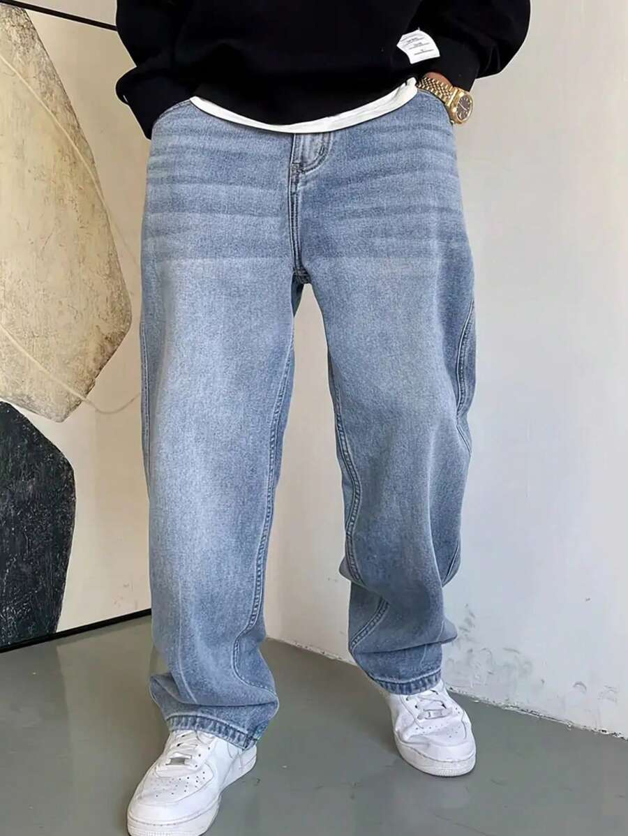Men's Retro Versatile Loose Straight Leg Jeans - Casual Denim, Non Stretch Fabric, Zippered Crotch, Machine Washable, Suitable For All Seasons - 藍色 - 查看 1