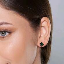 BRINCOS RHODIUM OURO NEGRO SOLITÁRIO PEQUENOS QUADRADO UNISSEX ZIRCÔNIA VERDE ROMMANEL 420017