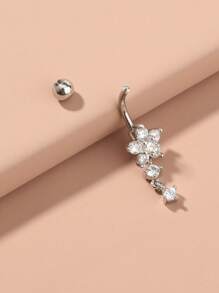 1pc Stainless Steel Natural Shell Teardrop Navel Piercing, Plum Blossom Belly Button Ring - Silver - View 3