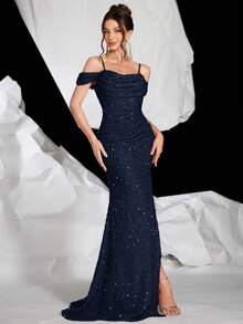 Sequined Open Shoulder Slim Fit Fishtail Dress With High Leg Slit, Padded Bust, Party/Formal Evening Gown, For Wedding Guest - Navy Blue - View 6
