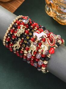 12pcs Set Kentucky Race Horse Glass Bead & Unicorn Derby Horseshoe Elastic Bracelet For Women