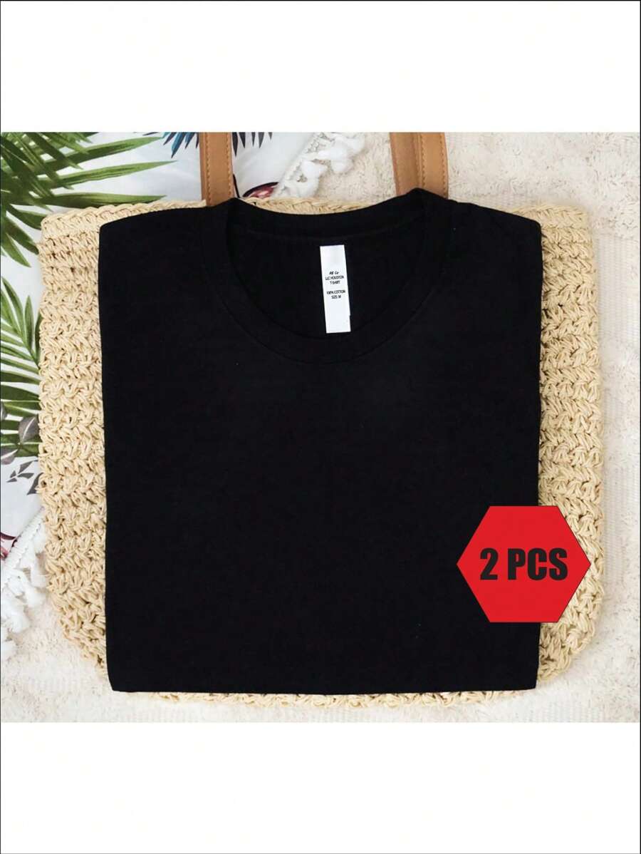 2 PCS Unisex Solid Short Sleeve Round Neck T-Shirt Set, 2 Set Summer Gym Fitness - الأسود - مشاهدة 1