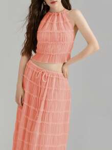 Women Y2k Two Piece Maxi Skirt Sets Beach Vacation Outfit Boho Sleeveless Ruched Halter Crop Cami Tops Backless Tank Tops And Long Swing Skirt Pleated Retro Tulle Chiffon Flowy Skirt Going Out Set 2 Piece Outfits Summer Holiday Party Outfit - 珊瑚粉 - 查看 5