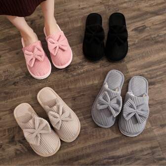 Soft Corduroy Bow Slippers, Fashionable Slip Resistant EVA Sole, Comfortable To Wear All Seasons