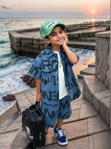 2pcs/Set Little/Toddler Boys' Summer Casual Printed Denim Short Sleeve Top And Shorts Set