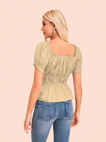 Blusa top lazo frontal lace up con manga corta abombada y bordado. - Beis - Ver 2