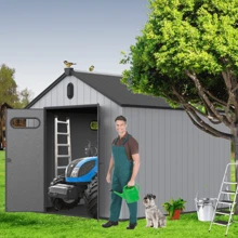 XWT013-1 8*10ft Resin Plastic Storage Shed For Backyard Garden Big Spire Tool Storage - 黑色+灰色如圖 - 查看 2
