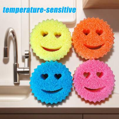 Piansenlife Heart-Shape Smiling Face 1pc Random Color Double-Layer Temperature-Sensitive Scrubbing Sponges-Modern Round Fast-Drying Cleaning Pads With Cartoon Design, Suitable For Kitchen, Living Room, Car, Glass - Multi-Functional Household Sponge Non-Scratch Cleaning Pads For Dishes & More