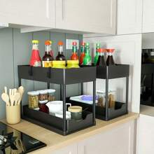 1pc 2-Tier Pull-Out Storage Organizer - Large Capacity Drawers, Under Sink Organizer, Cabinet Storage, Kitchen Shelf, Space Saving, Expandable Design, Easy To Clean, Bathroom/Kitchen/Laundry Room, Neat Home, Color: White, Material: Plastic