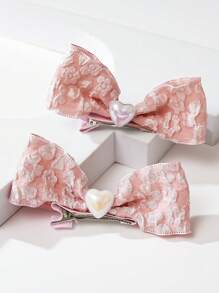 2pcs Teen's Net Bow Hair Clips, Suitable For Daily Wear - Pink - View 1