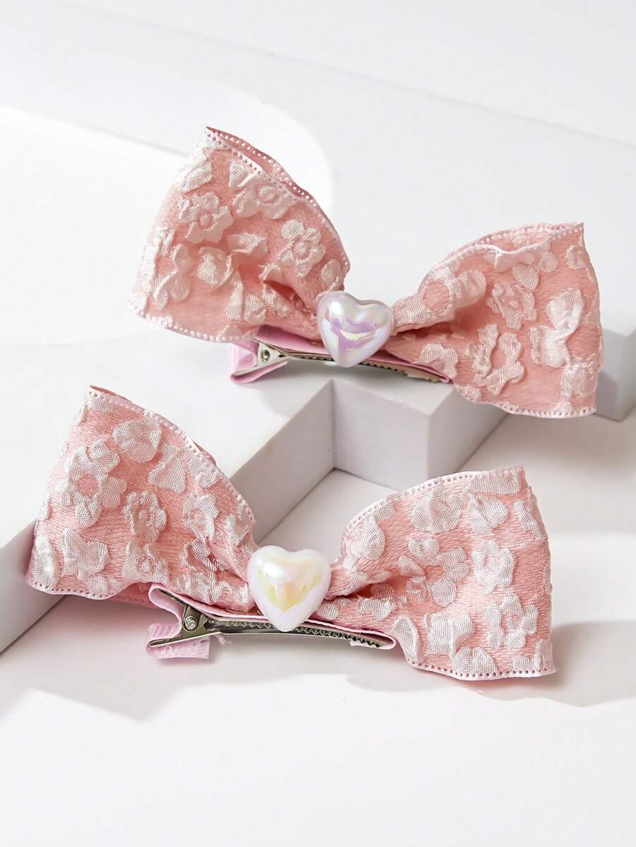 2pcs Teen's Net Bow Hair Clips, Suitable For Daily Wear - Pink - View 1