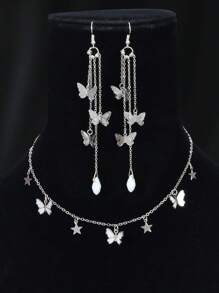 3pcs New Arrival Silver Star Butterfly Charm Necklace Long Chain Tassel Butterfly Earrings Dinner Jewelry Set