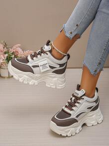2025 Spring Women's Hidden Heel Chunky Sneakers, Lace-Up Breathable Mesh Casual Platform Shoes For Petite