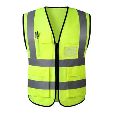 Reflective Safety Vest For Women Men, Green High Visibility Security Vest- Pockets And Zipper Front - Neon Green Color