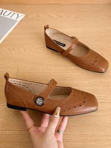 Retro Mary Jane Shoes, Square Toe Shallow Soft Flat Women Shoes, French Style Suitable With Dresses, Plus Size 41-43