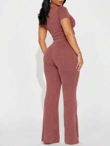 Women's Elegant Stretch Knit Two Piece Set Ribbed Knit Outfit With Turtleneck Top Straight Leg Pants - Casual, Stretch Polyester Blend, Machine Washable