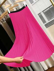 玫瑰红高腰褶裥A字中长裙，复古法式风格，通勤、约会、日常穿着皆宜，修身显瘦，优雅时尚，适合各种场合，春夏款。