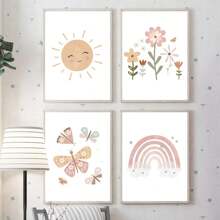 Blumen, Wetter, Sonne und Regenbogen Dekor Muster, Leinwandkunst für Baby-/Kinderzimmer, ohne Rahmen (Rahmen nicht enthalten)