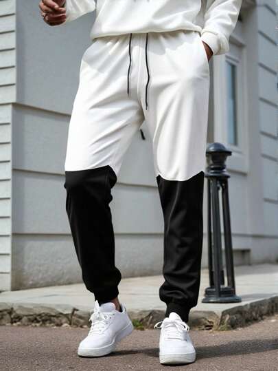 1pc Men's Drawstring Waist Black & White Contrast Color Sports Pants, Comfortable Casual Jogging, Gym Workout Trousers