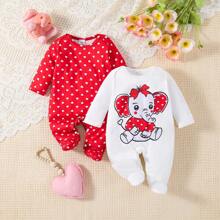 2pcs/Set Newborn Baby Elephant Heart Footie Jumpsuit, Long Sleeve, Suitable For All Seasons - Red and White - View 2