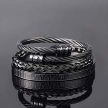 3Pcs Minimalist Stainless Steel Bracelets For Men Gold Roman Numeral Bangle Bracelet Twisted Cable Bracelet Adjustable Cuff Bracelet Mens Luxury Jewelry Bracelets Gifts - 黑色 - 查看 3