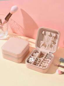 1 件迷你旅行珠宝收纳盒、珠宝盒、便携式珠宝收纳盒带镜子、多层、化妆刷和配件收纳、项链、耳环、戒指架、影响者风格