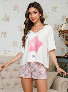 2pcs Women Star Pattern Pajama Set, Loose Fitting Top, Fashion Sleepwear Set, Spring/Summer