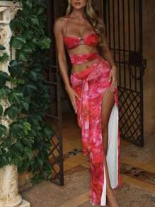 Spaghetti Strap Hollow-Out Digital Print Open Back Bodycon Dress With Slit, Boho Style