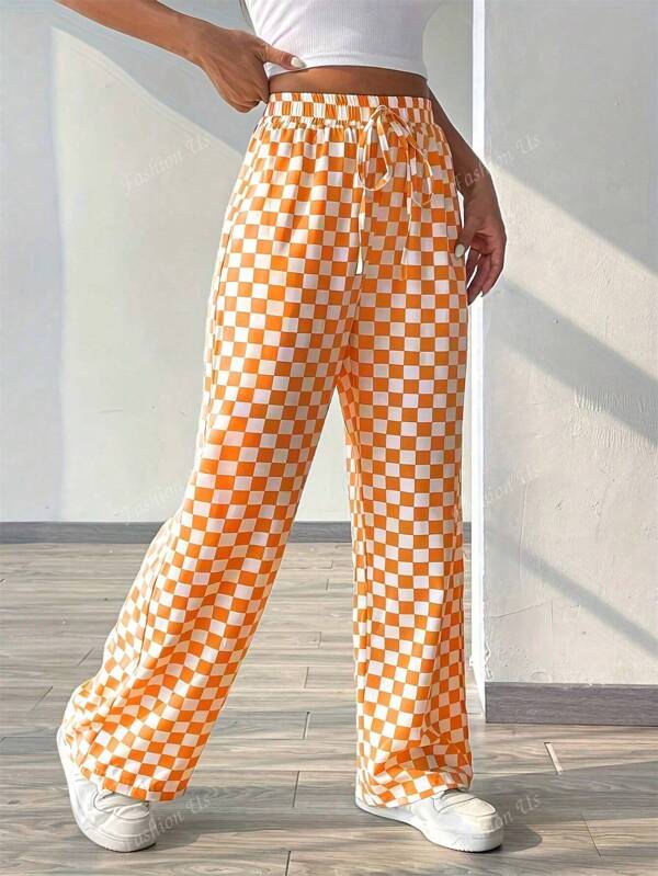 Plus Size Women's Plaid Print Drawstring Waist Loose Fit Wide Leg Pants