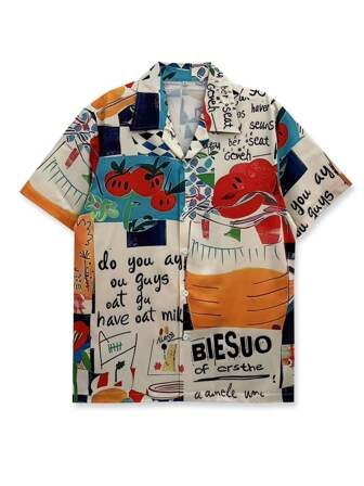 Printed Shirt With Retro Fruit & Letter Design, Unisex, Suitable For Summer Holiday
