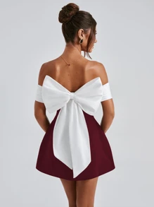 WOWDARK Damen Mode Schleife Off-Shoulder Kontrastfarben Kleid, Herbst