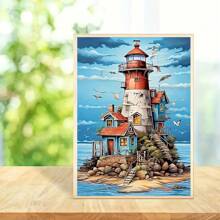 Kit de pintura de diamantes 5D - Paisaje de faro, gemas acrílicas circulares, apto para principiantes, decoración de pared del hogar y regalos, perfecto para volver a la escuela