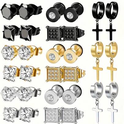 15 Pairs/5 Pairs Stainless Steel Men's & Women's Earrings Set - Cross Drop CZ Studs Huggie Earrings - Hypoallergenic - For Men & Women - Perfect Gift For Fashion Lovers