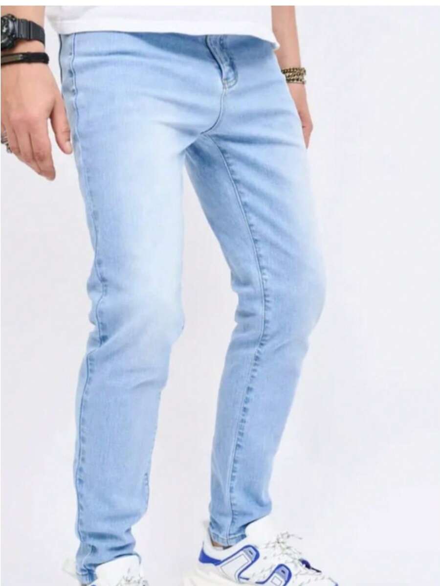 Men's Skinny Jeans With Lycra Elastane Premium Light Line - 淺色水洗藍 - 查看 1