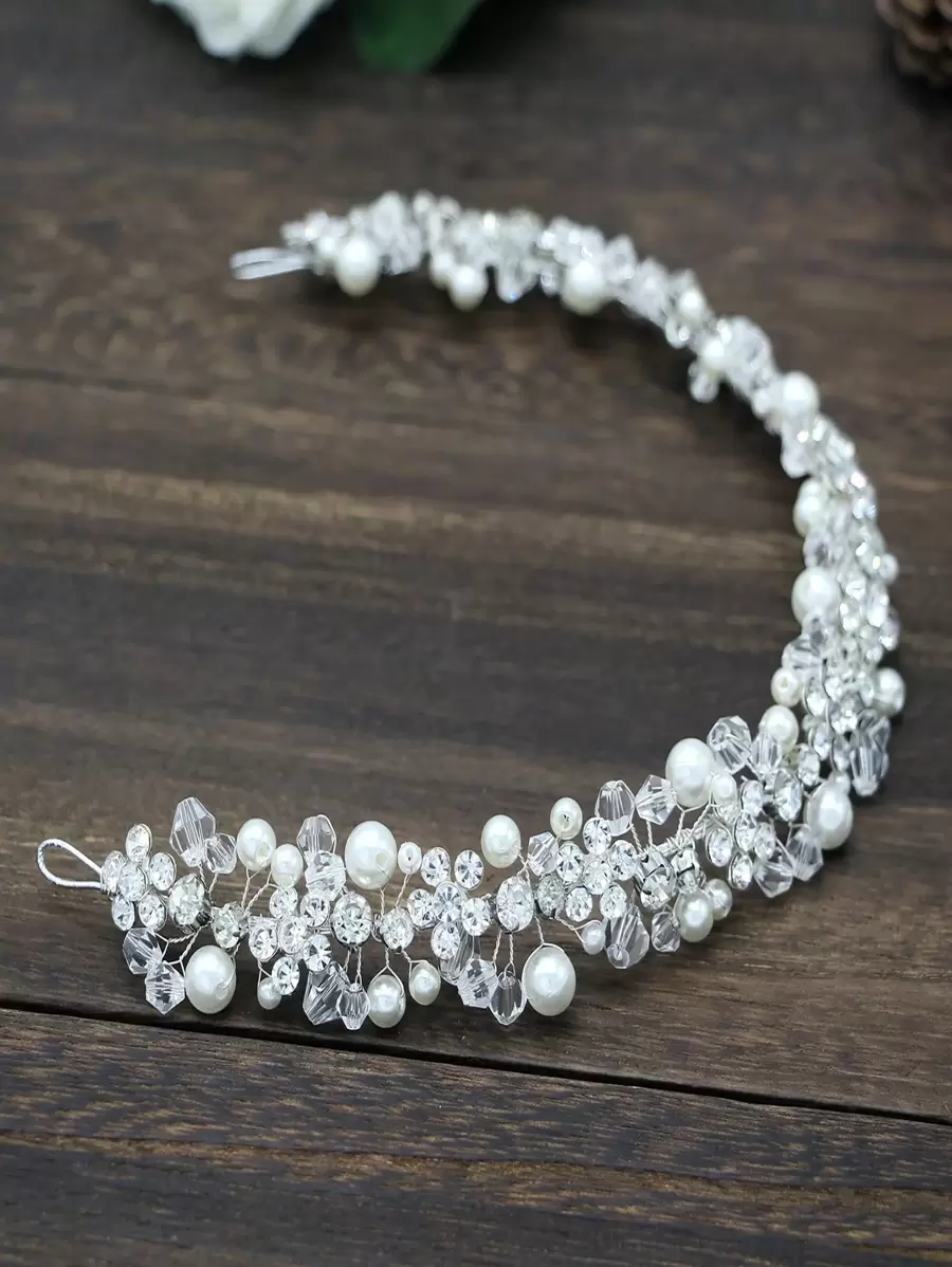 1pc Handmade Faux Pearl Crystal Twist Beads Soft Chain Hair Band, Alloy Rhinestone Crown Bridal Headpiece Valentine's Day Accessories - White - View 1