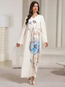 Modest Long Printed Kaftan Printed Women's Dress From Blended Fabric, Long Loose Arabian Dress, Abaya - Multicolor - View 1