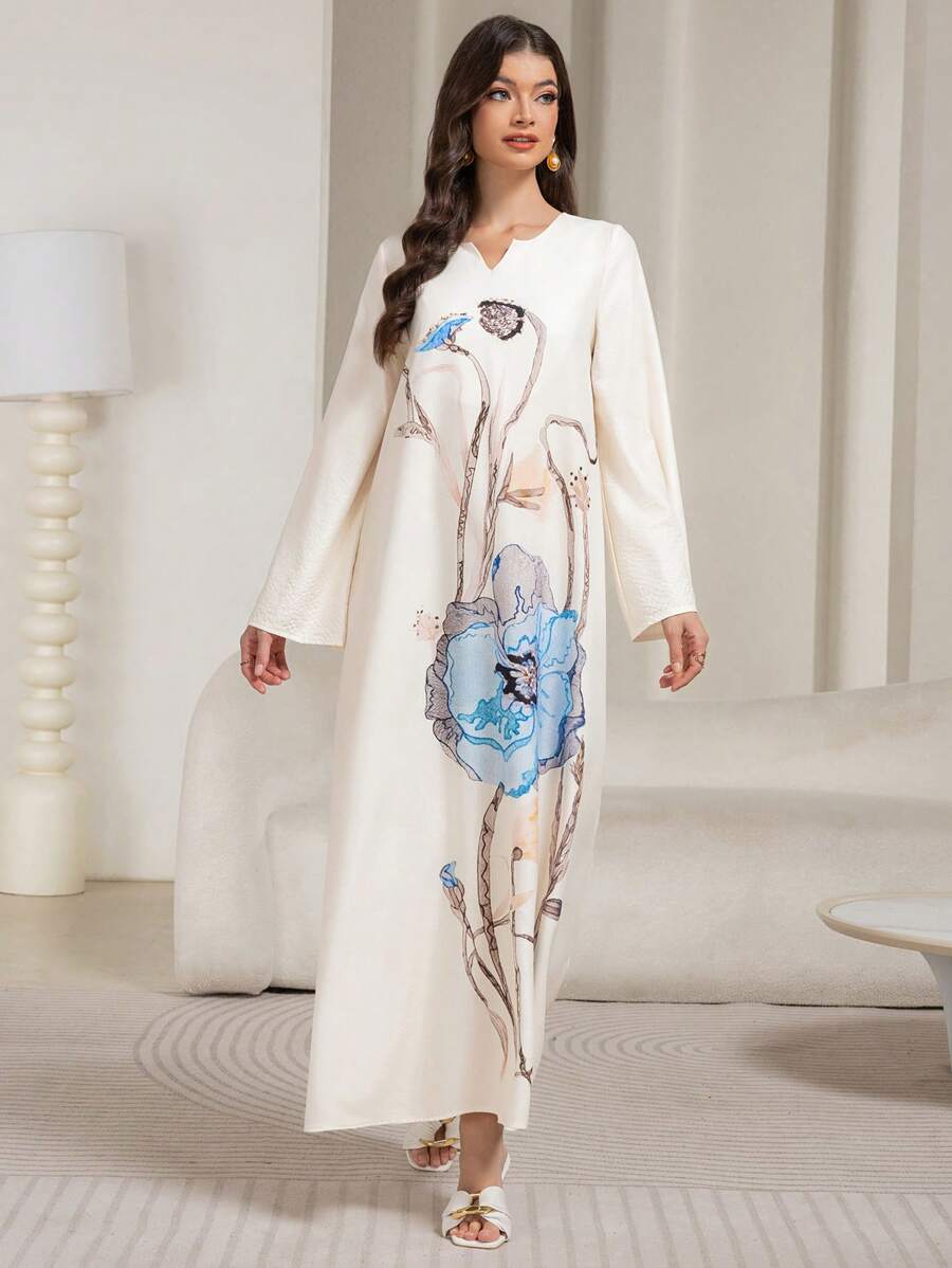 Modest Long Printed Kaftan Printed Women's Dress From Blended Fabric, Long Loose Arabian Dress, Abaya - Multicolor - View 1