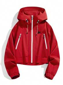 女士短款外套，春季轻便连帽多口袋拉链休闲户外外套