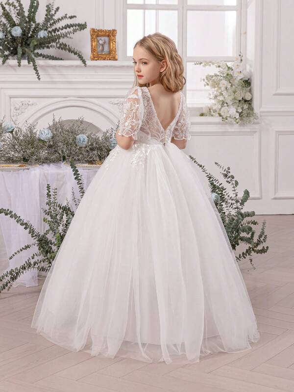 Vestido elegante de princesa para niña preadolescente con cuello de puntilla blanca, escote profundo en la espalda y malla, apto para fiesta de cumpleaños, boda, baile de graduación, vacaciones y ocasiones importantes