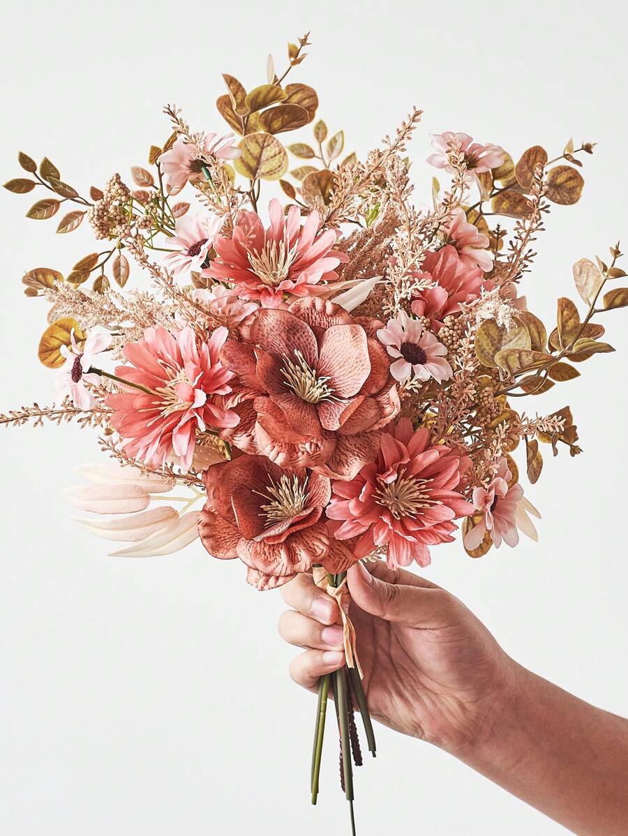 1 Bouquet Of Artificial Flowers, Including Artificial Anemone, Daisy And Eucalyptus, Realistic Texture, Suitable For Vases, Home Decor, Hotel Rooms, Wedding Decorations, Dining Table Centerpieces, Birthday Gifts, Graduation Ceremonies, Autumn Decorations And More. - Coral Pink - View 1