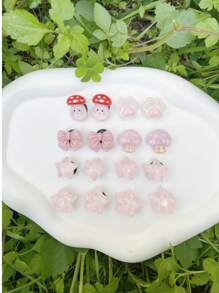 16pcs Pink Cute Mushroom & Wave Star Bowknot Detachable Shoe Decor, Multifunctional Shoe Clips Accessories For Women Sandals, Slippers, Beach Bags, Ideal Gift For Holiday
