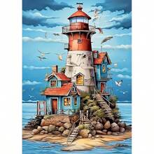 Kit de pintura de diamantes 5D - Paisaje de faro, gemas acrílicas circulares, apto para principiantes, decoración de pared del hogar y regalos, perfecto para volver a la escuela