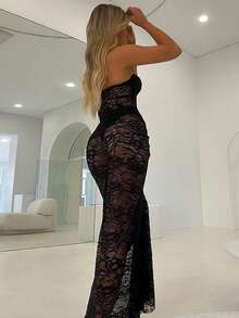 1 chiếc đầm mini ôm sát gợi cảm bằng ren xuyên thấu màu đen dành cho nữ, kiểu dáng thanh lịch mùa hè. - màu đen - Xem 5