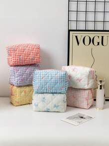 1 Stück neue karierte Schleifen Großraum-Clutch Aufbewahrungstasche, Münztasche tragbar, frisch und einfach, japanischer und koreanischer Studenten Beliebte Aufbewahrungstasche für Ausweise, Kosmetika, Datenkabel. Süßer, mädchenhafter Kosmetiktasche