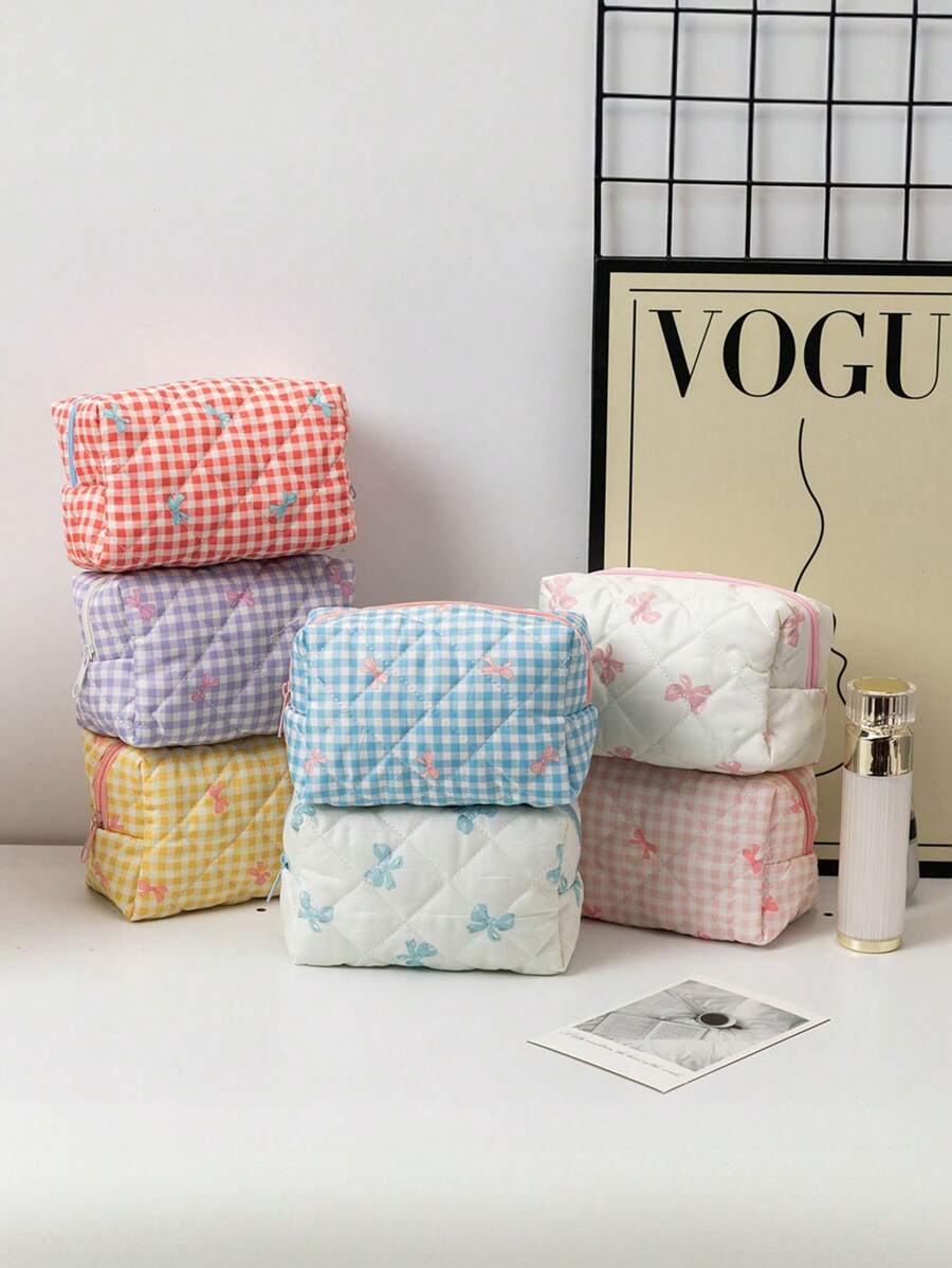 1 Stück neue karierte Schleifen Großraum-Clutch Aufbewahrungstasche, Münztasche tragbar, frisch und einfach, japanischer und koreanischer Studenten Beliebte Aufbewahrungstasche für Ausweise, Kosmetika, Datenkabel. Süßer, mädchenhafter Kosmetiktasche