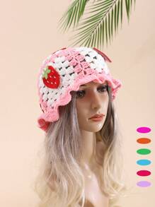 1 件女士草莓贴花渔夫帽，休闲可爱 Y2K 风格镂空透气防晒户外沙滩装配饰，手工编织时尚渔帽适合日常佩戴 - 草莓 - 查看 1