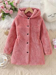 Girls Winter Plush Solid Color Hooded Button Waist Design Girls Jacket Coat.